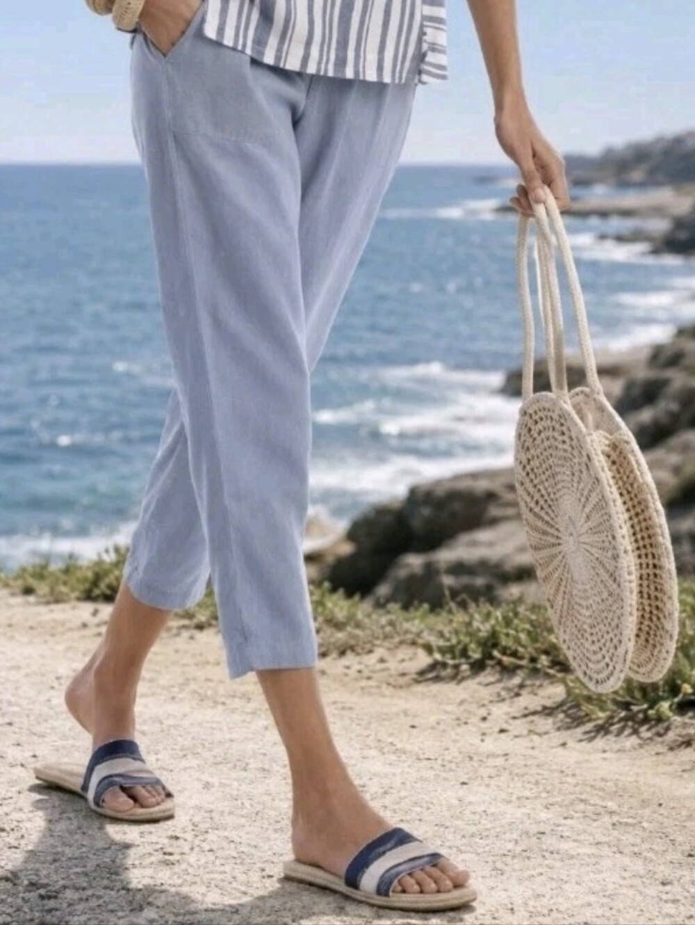 Andrea Jovine Blue Linen Cropped Pants Chambray Drawstring Pull-On Women's Sz S